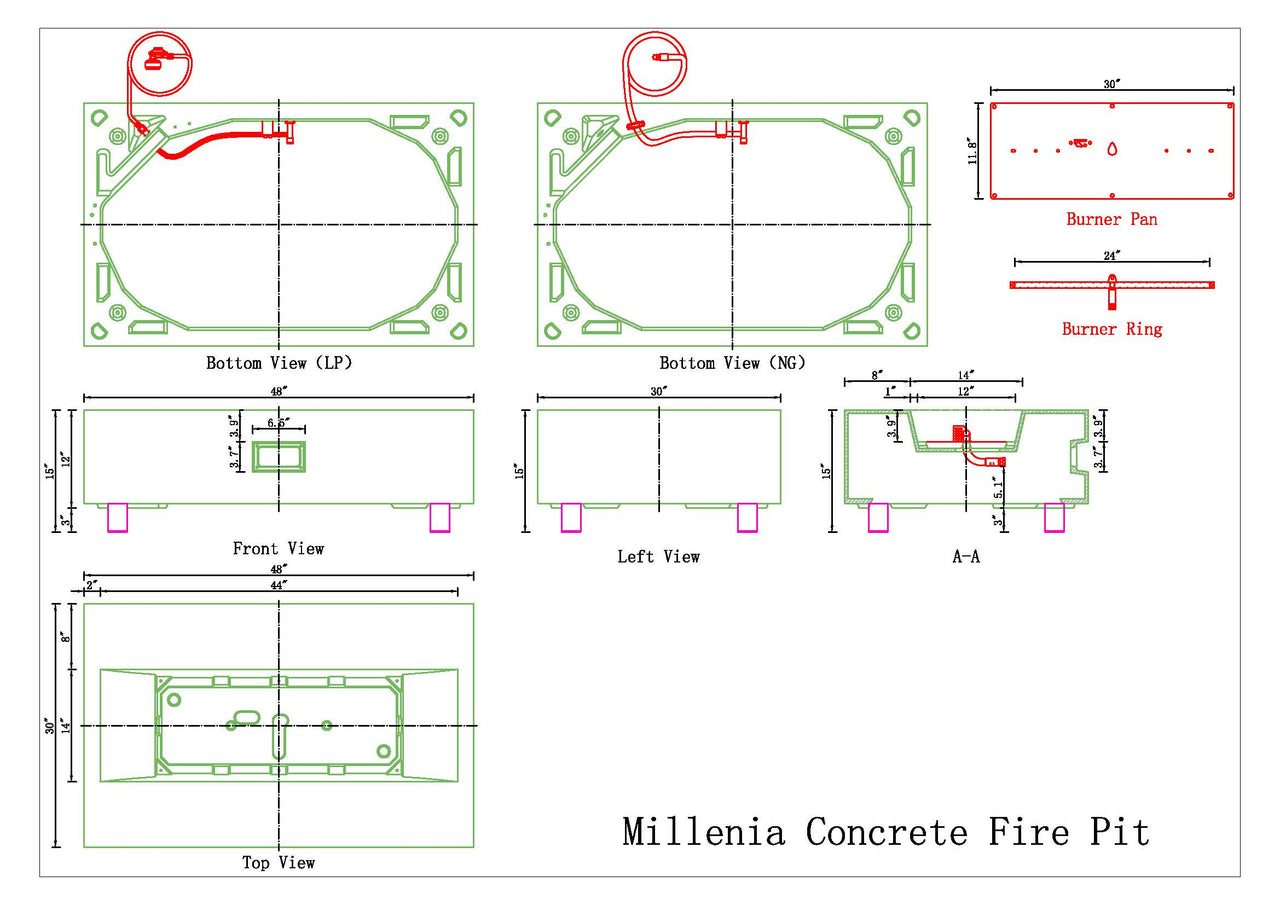 PyroMania Fire - Millenia Rectangle Concrete Fire Pit Table