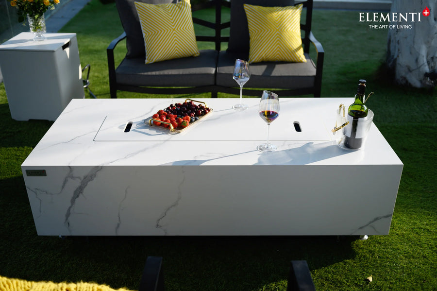 Elementi - Carrara Marble Porcelain Rectangular Fire Pit Table - OFP121BW - Fire Pit Stock