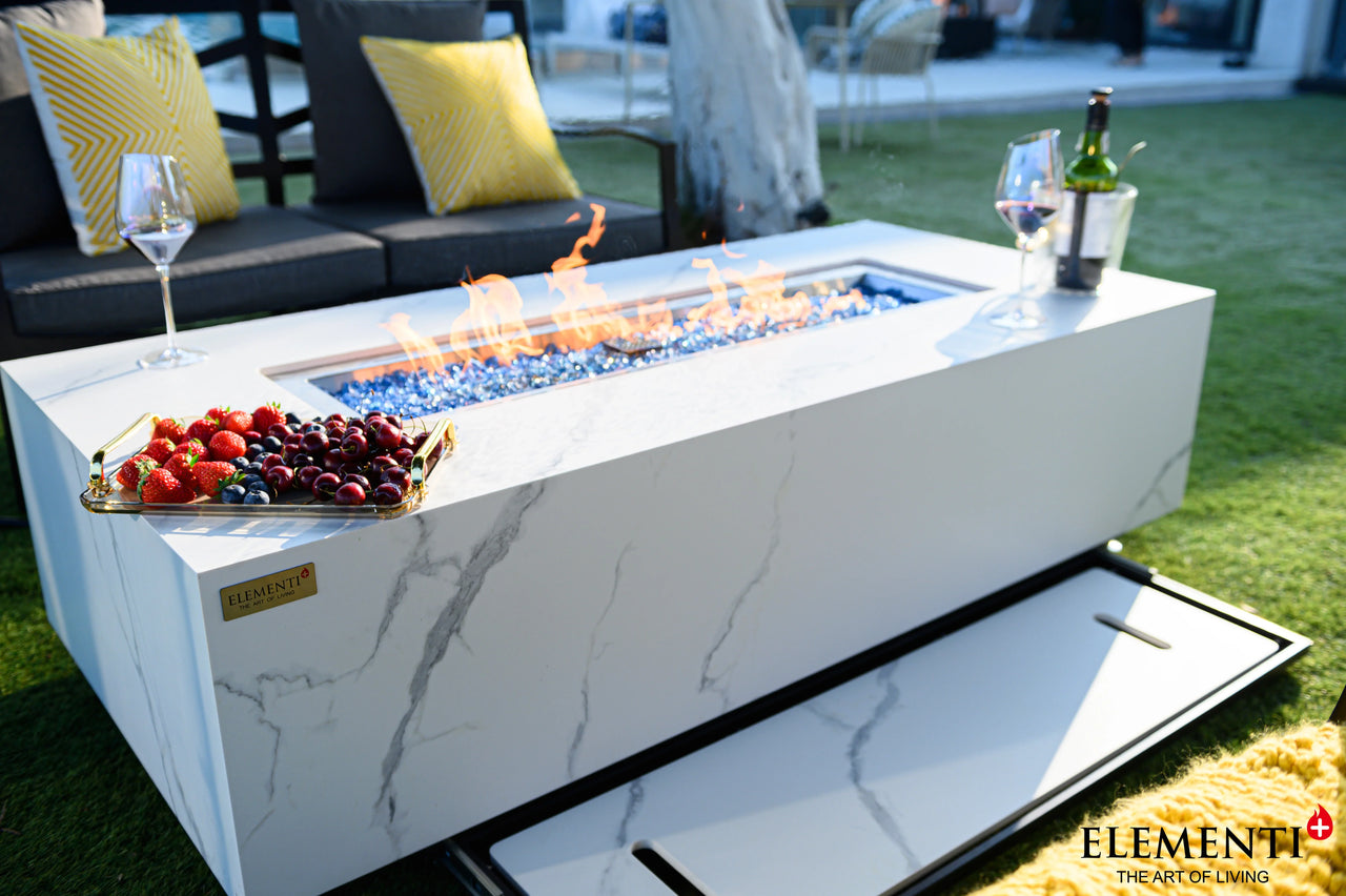 Elementi - Carrara Marble Porcelain Rectangular Fire Pit Table - OFP121BW - Fire Pit Stock
