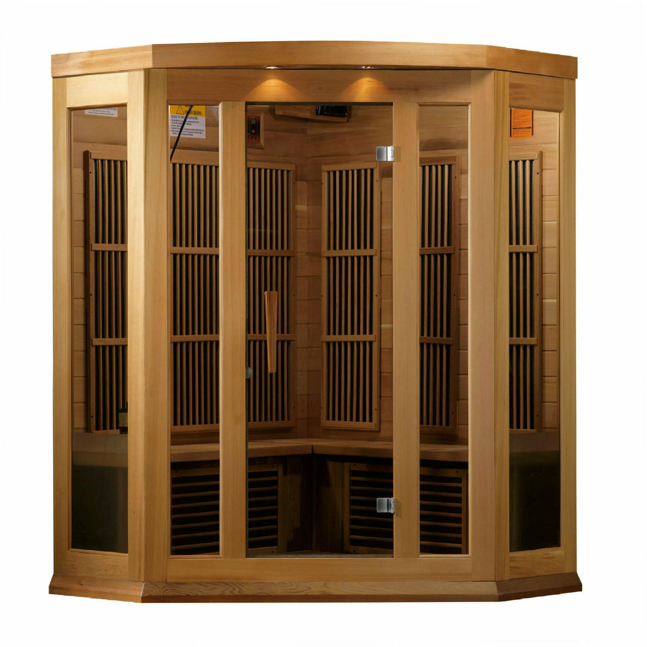 Golden Designs Sauna: Maxxus "Chaumont Edition" 3 Person Corner Near Zero EMF FAR Infrared Carbon - Canadian Red Cedar - MK-K356-01-ZF CED - Fire Pit Stock
