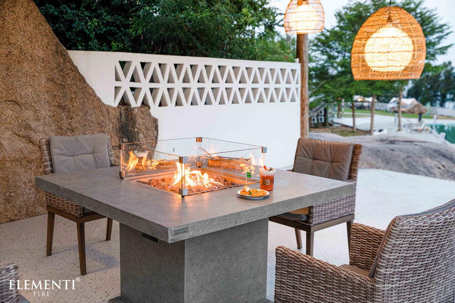 Elementi - Birmingham Dining Square Concrete Fire Pit Table, Hidden Propane Storage - OFG202 - Fire Pit Stock