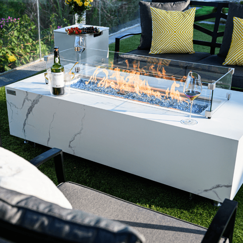 Elementi Plus - Carrara Rectangular Marble Fire Pit Table - OFP121BW - Fire Pit Stock