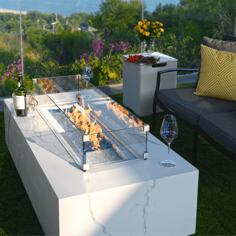 Elementi Plus - Carrara Rectangular Marble Fire Pit Table - OFP121BW - Fire Pit Stock