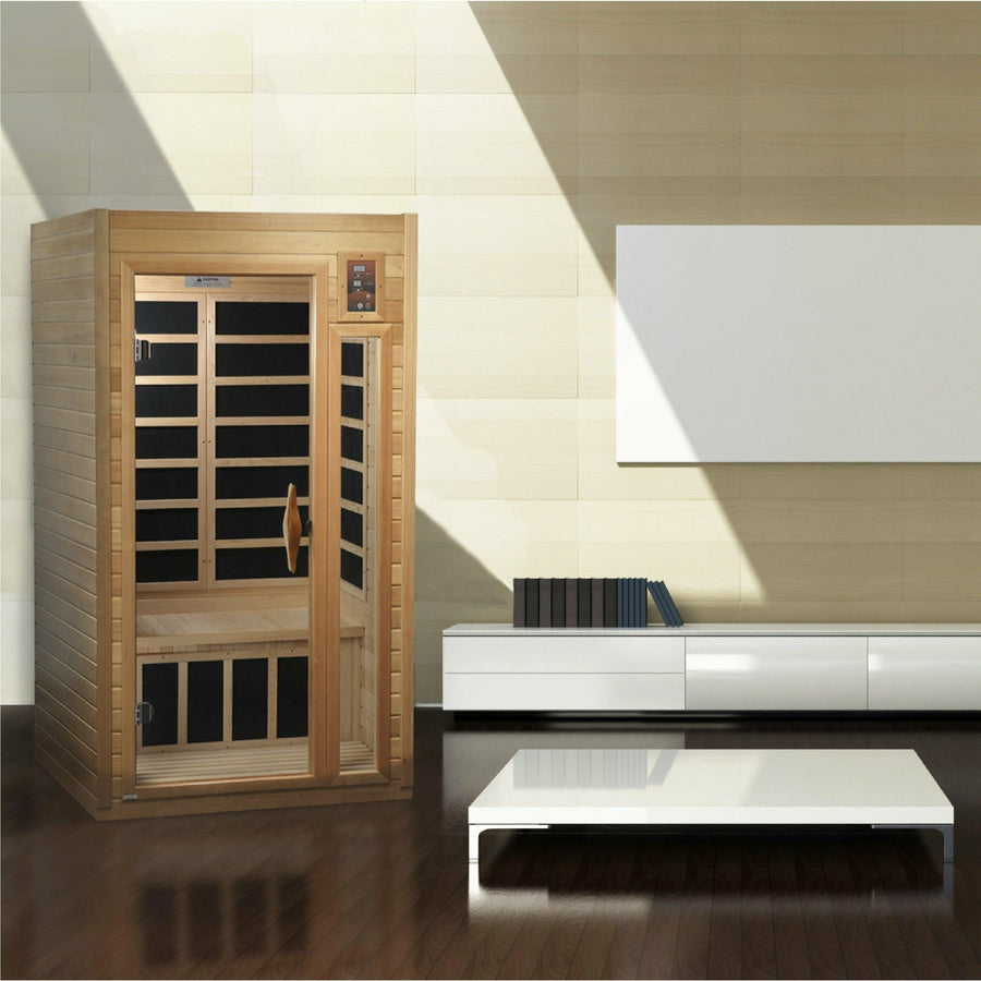 Golden Designs Sauna: "Barcelona Select" 1-2 Person Low EMF FAR Infrared Sauna - Canadian Hemlock - GDI-6106-01 - Fire Pit Stock