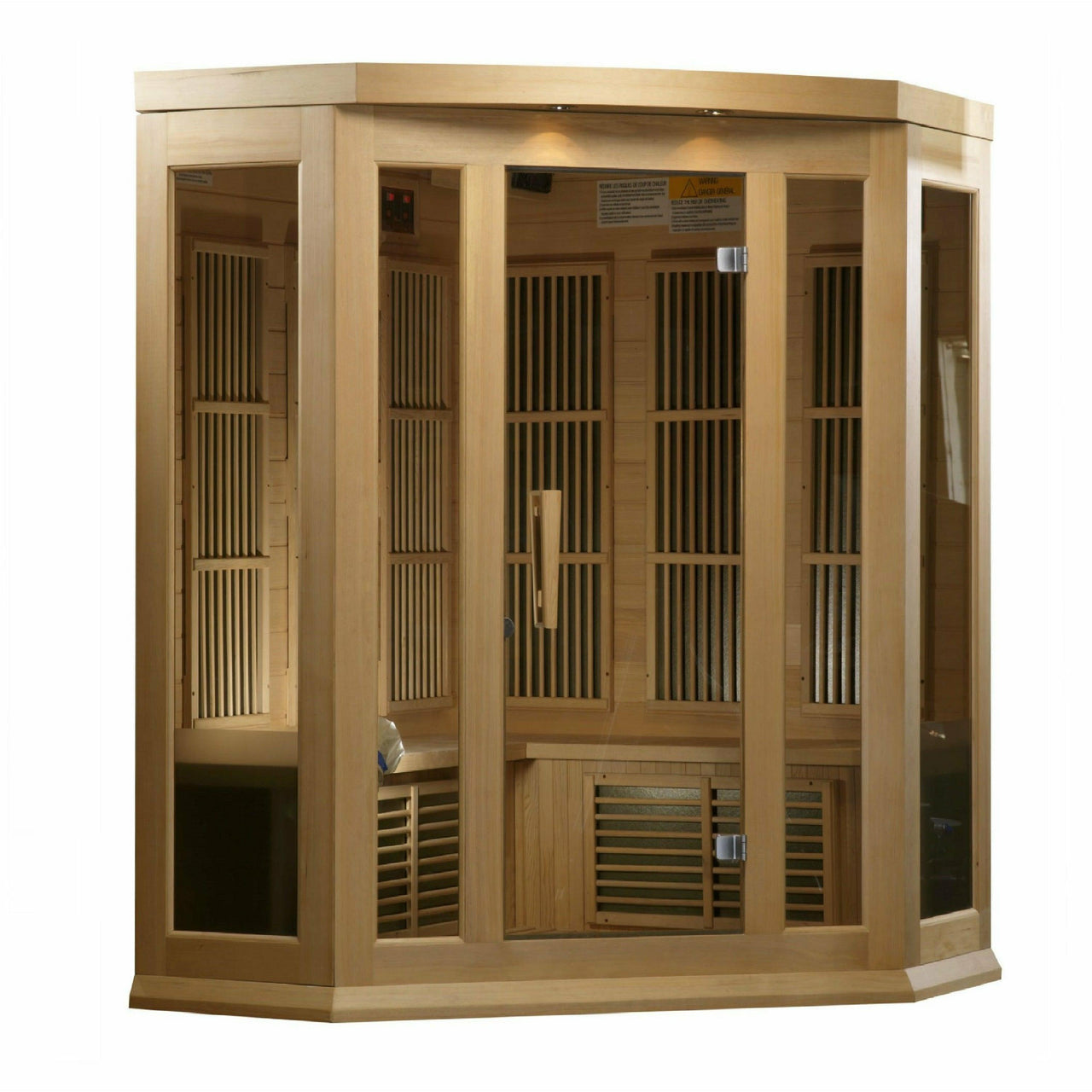 Golden Designs Sauna: Maxxus 3 Person Corner Low EMF FAR Infrared Carbon - Canadian Hemlock - MX-K356-01 - Fire Pit Stock