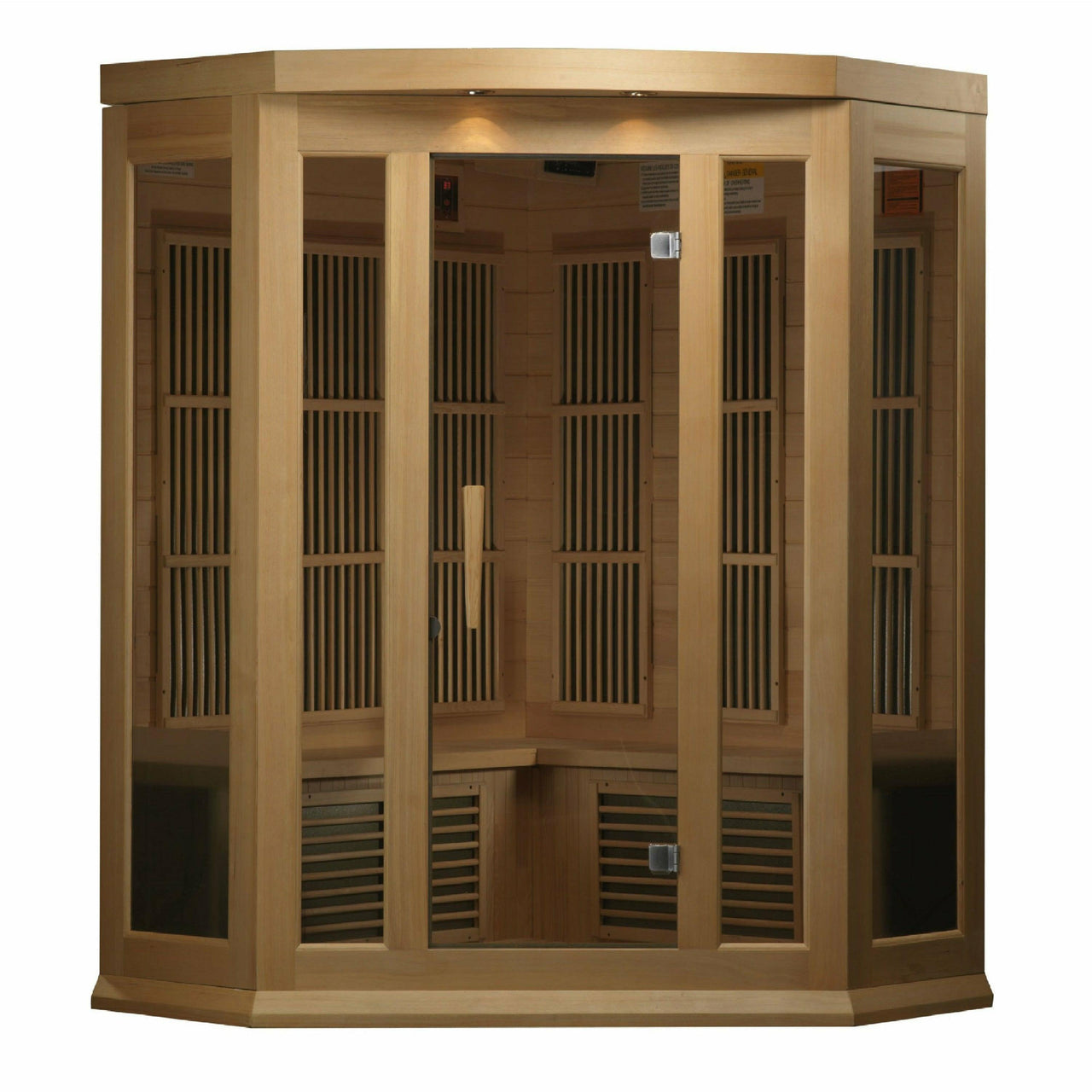 Golden Designs Sauna: Maxxus 3 Person Corner Low EMF FAR Infrared Carbon - Canadian Hemlock - MX-K356-01 - Fire Pit Stock