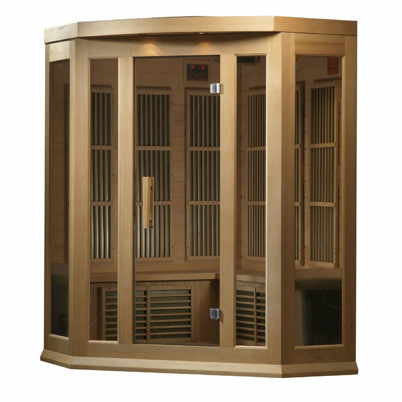 Golden Designs Sauna: Maxxus 3 Person Corner Low EMF FAR Infrared Carbon - Canadian Hemlock - MX-K356-01 - Fire Pit Stock