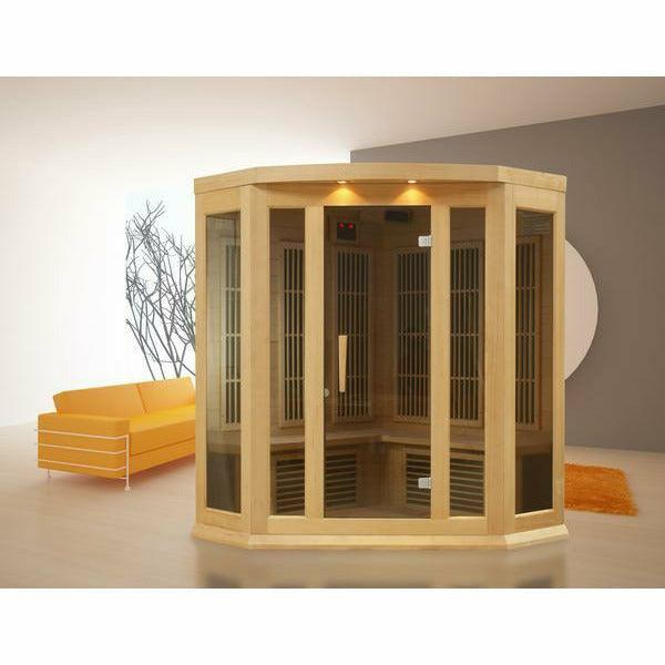 Golden Designs Sauna: Maxxus 3 Person Corner Low EMF FAR Infrared Carbon - Canadian Hemlock - MX-K356-01 - Fire Pit Stock