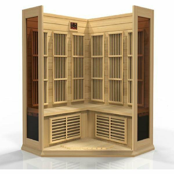 Golden Designs Sauna: Maxxus 3 Person Corner Low EMF FAR Infrared Carbon - Canadian Hemlock - MX-K356-01 - Fire Pit Stock