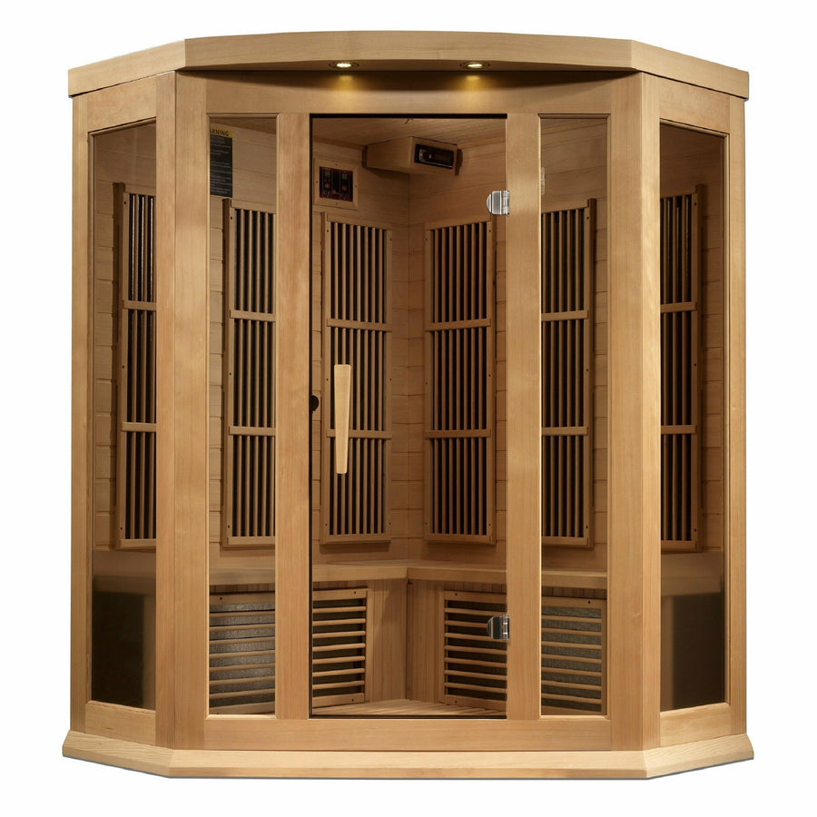 Golden Designs Sauna: Maxxus 3 Person Corner Near Zero EMF FAR Infrared Carbon - Canadian Hemlock - MX-K356-01-ZF - Fire Pit Stock
