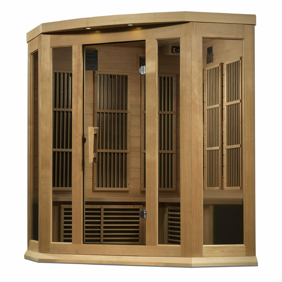 Golden Designs Sauna: Maxxus 3 Person Corner Near Zero EMF FAR Infrared Carbon - Canadian Hemlock - MX-K356-01-ZF - Fire Pit Stock
