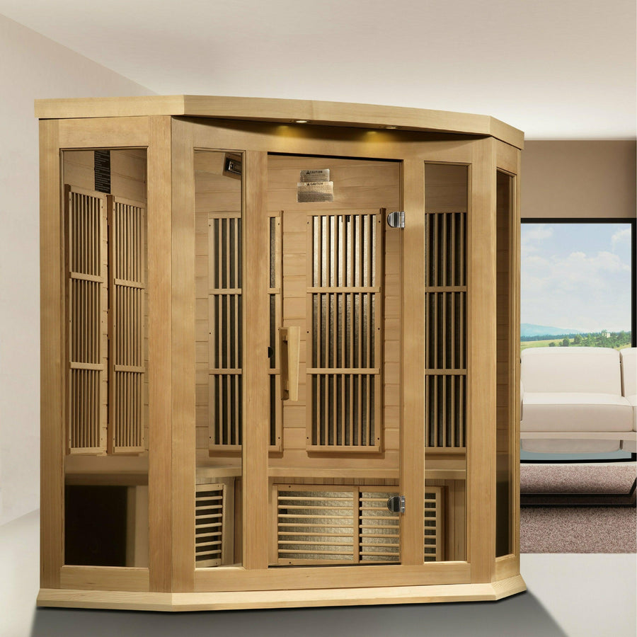 Golden Designs Sauna: Maxxus 3 Person Corner Near Zero EMF FAR Infrared Carbon - Canadian Hemlock - MX-K356-01-ZF - Fire Pit Stock