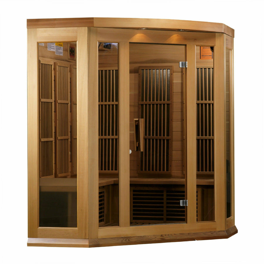 Golden Designs Sauna: Maxxus "Chaumont Edition" 3 Person Corner Near Zero EMF FAR Infrared Carbon - Canadian Red Cedar - MK-K356-01-ZF CED - Fire Pit Stock