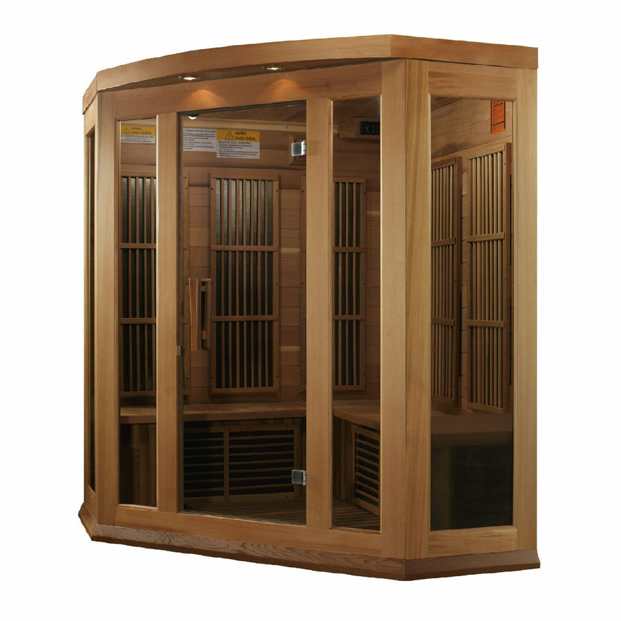 Golden Designs Sauna: Maxxus "Chaumont Edition" 3 Person Corner Near Zero EMF FAR Infrared Carbon - Canadian Red Cedar - MK-K356-01-ZF CED - Fire Pit Stock