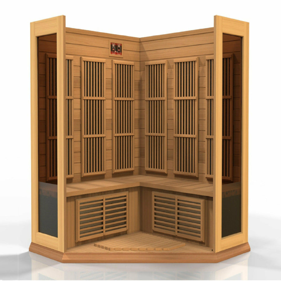 Golden Designs Sauna: Maxxus "Chaumont Edition" 3 Person Corner Near Zero EMF FAR Infrared Carbon - Canadian Red Cedar - MK-K356-01-ZF CED - Fire Pit Stock