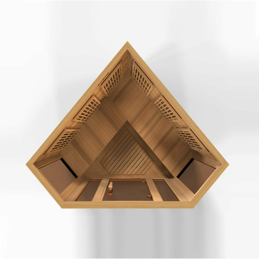 Golden Designs Sauna: Maxxus "Chaumont Edition" 3 Person Corner Near Zero EMF FAR Infrared Carbon - Canadian Red Cedar - MK-K356-01-ZF CED - Fire Pit Stock