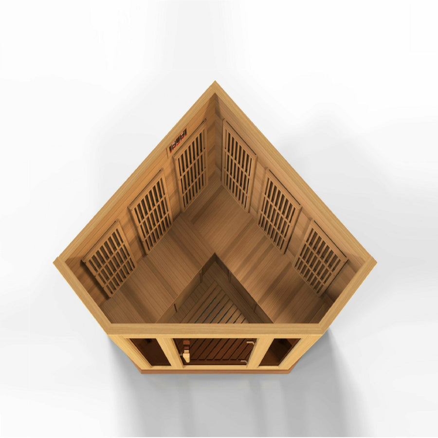 Golden Designs Sauna: Maxxus "Chaumont Edition" 3 Person Corner Near Zero EMF FAR Infrared Carbon - Canadian Red Cedar - MK-K356-01-ZF CED - Fire Pit Stock