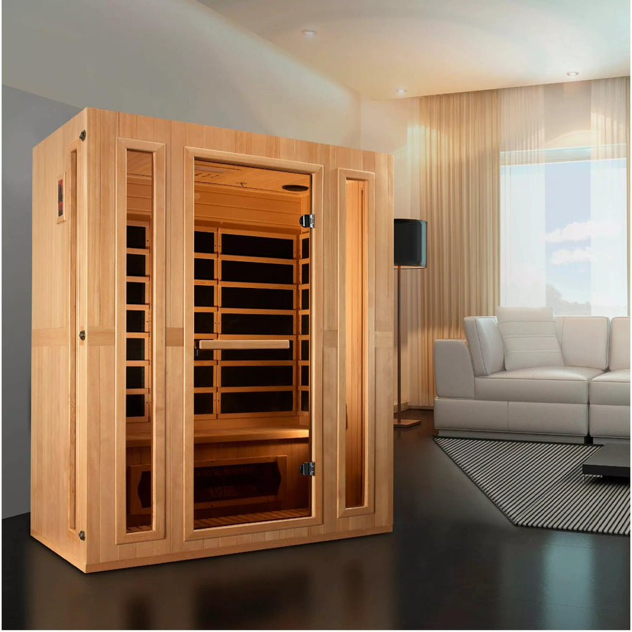 Golden Designs Sauna: Maxxus "Trinity" Dual Tech 3 person Low EMF FAR Infrared Sauna Canadian Hemlock - Fire Pit Stock