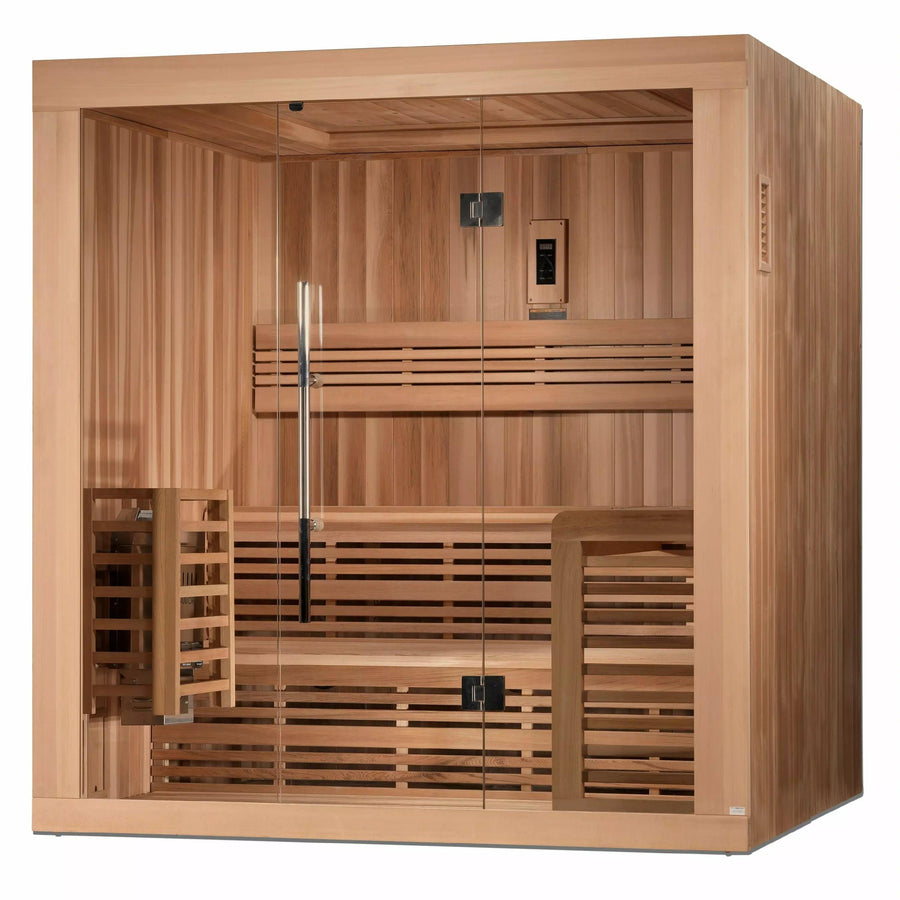 Golden Designs Sauna: "Osla Edition" 6 Person Traditional Steam Sauna - Canadian Red Cedar - Fire Pit Stock