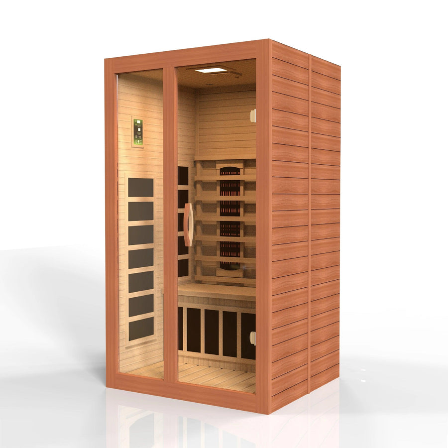 Golden Designs Sauna: Santiago 2 Person Full Spectrum Infrared Sauna - Canadian Hemlock - Fire Pit Stock