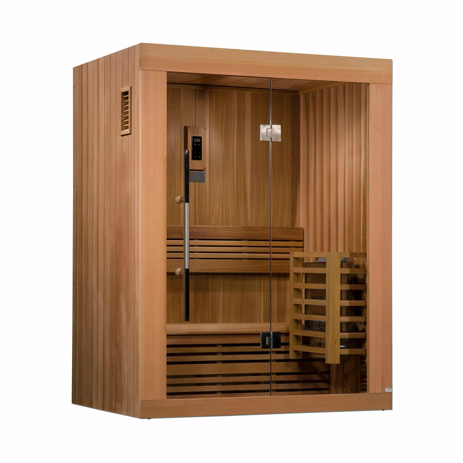 Golden Designs Sauna: "Sundsvall Edition" 2 Person Traditional Steam Sauna - Canadian Red Cedar - Fire Pit Stock
