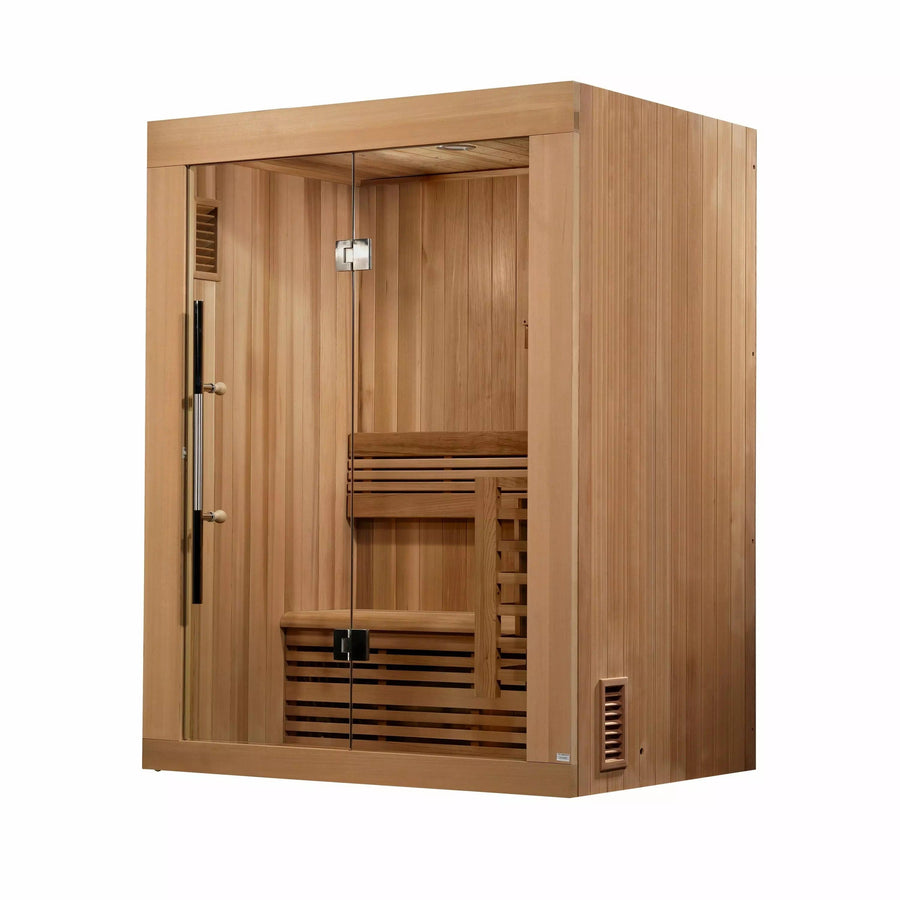 Golden Designs Sauna: "Sundsvall Edition" 2 Person Traditional Steam Sauna - Canadian Red Cedar - Fire Pit Stock