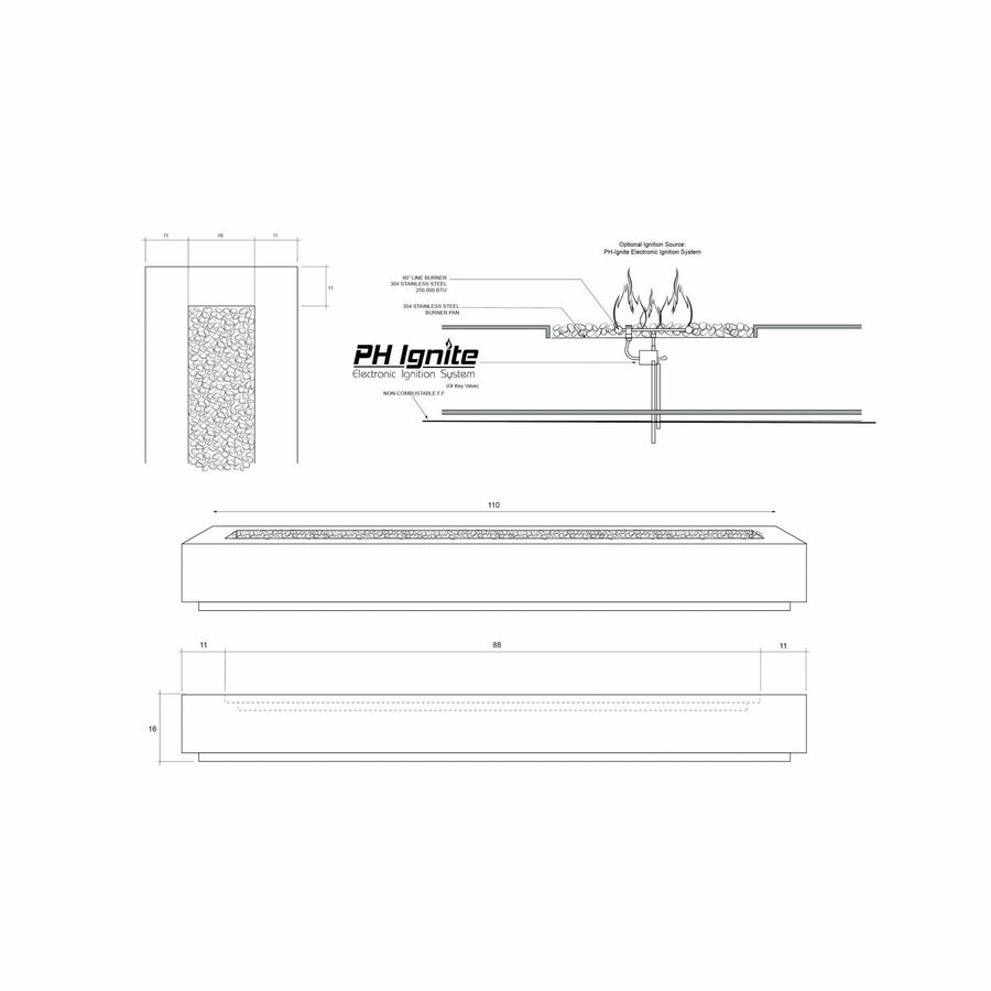 Prism Hardscapes - Tavola Series 110 Rectangular Concrete Fire Pit Table w/ Wind Guard - Fire Pit Stock