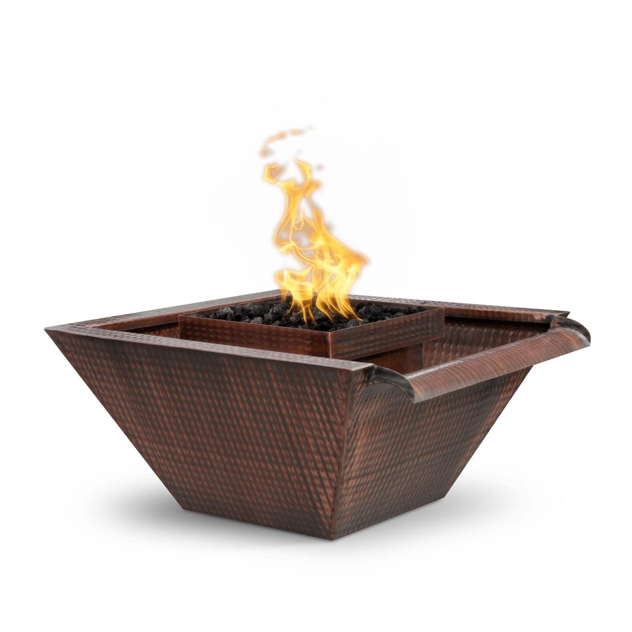 The Outdoor Plus - Maya Square Hammered Copper Fire & Water w/ Wide Gravity Spill OPT-SQ-FWWS - Fire Pit Stock